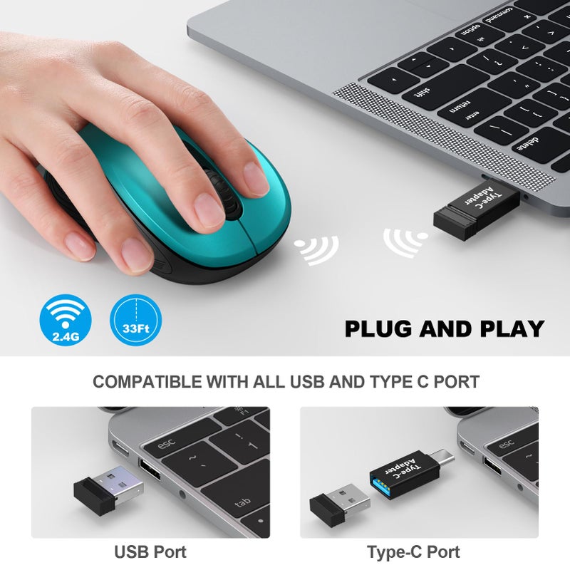 WisFox 2.4G Wireless Mouse for Laptop, Ergonomic Computer Mouse with USB Receiver and Type-C Adapter, 3 Adjustable Levels, 6 Button Cordless Wireless Mice for Windows Mac PC Notebook (Green) - Image 2